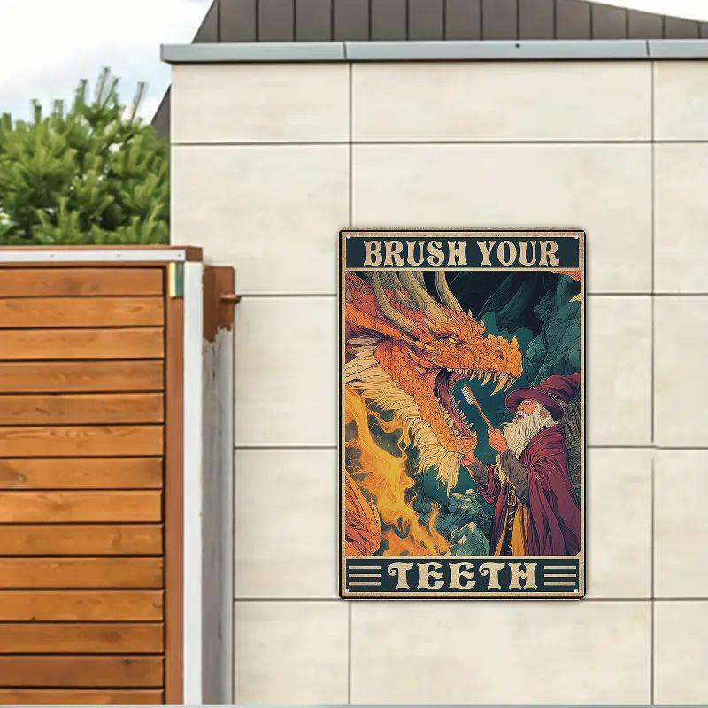Brush Your Teeth Dragon Tin Sign Vintage Metal Tin Signs Wall Decor for Living Room Backyard Garden Garage Bar Retro Metal Sign