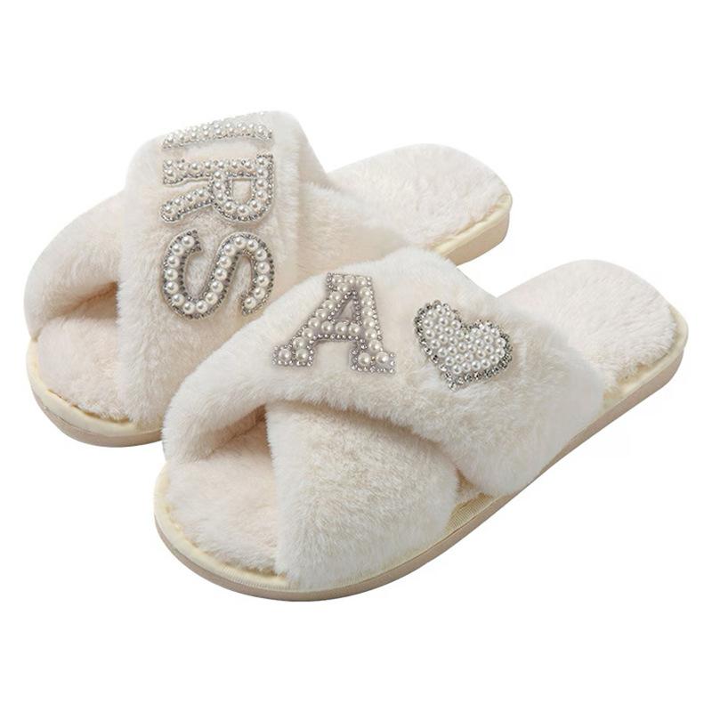 Women Home Furry Slippers Fork Strap Bride Wedding MRS Slippers Cozy Indoor Footwear