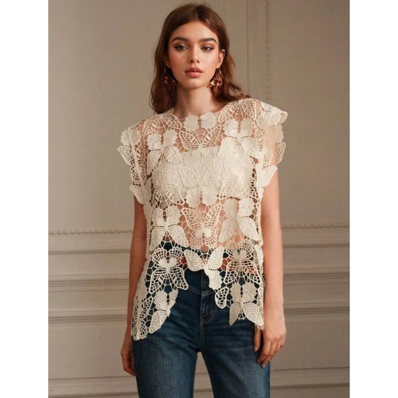 Dimanaf 2024 T-Shirt Women Knitting Lace Vest O-Neck Hollow Summer Style Basic Tops New Tees Loose Pink