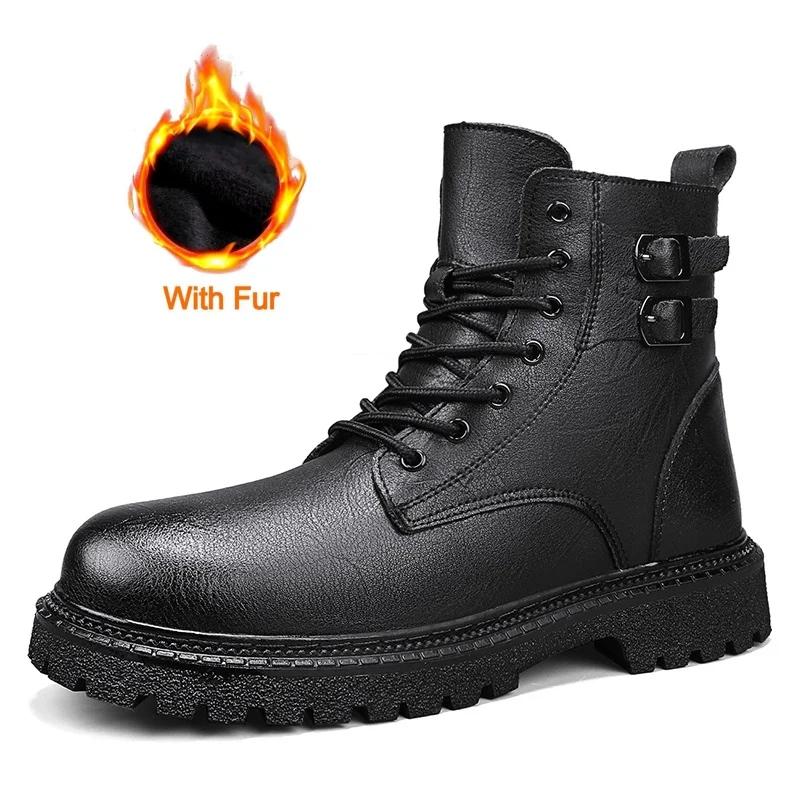 Men Outdoor Casual Leather Ankle Boots Large Size Soft Leather Motorcycle Boots Thick Bottom High Top Work Driving Shoes