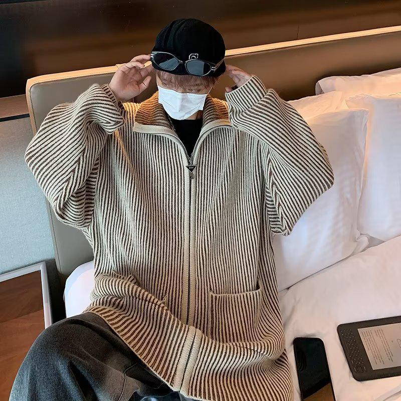 Pánský retro pletený kardiganový svetr s vysokým límcem na zip, barevný blok