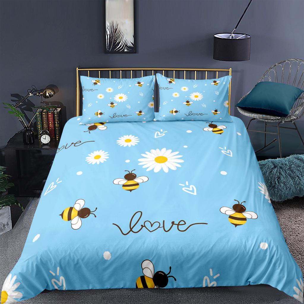 Cartoon Bee Duvet Cover King Queen Lovely Yellow Flying Animal Bedding Set For Kids Boys Girls Beautiful Flowers Comforter Cover