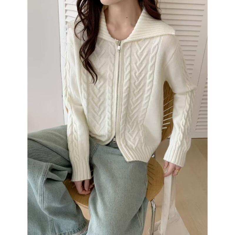 Autumn Winter Twist Zipper Cardigan Women Sweater Jacket Fashion Loose Casual Thickened Knitted Coats Lapel Solid Color Long Sleeve Elegant Clothing