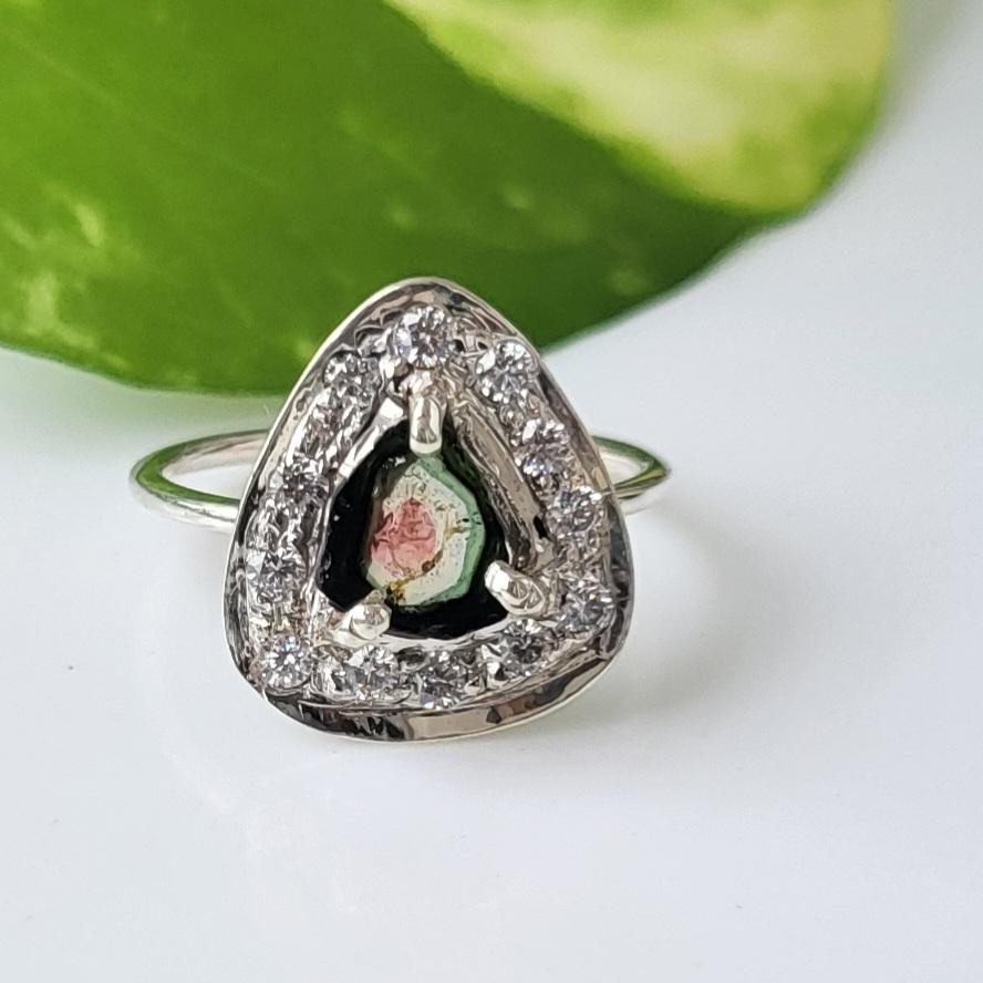 Natural Watermelon Rare Tourmaline 925 Sterling Silver CZ Ring Sz 5.75 US, A-79