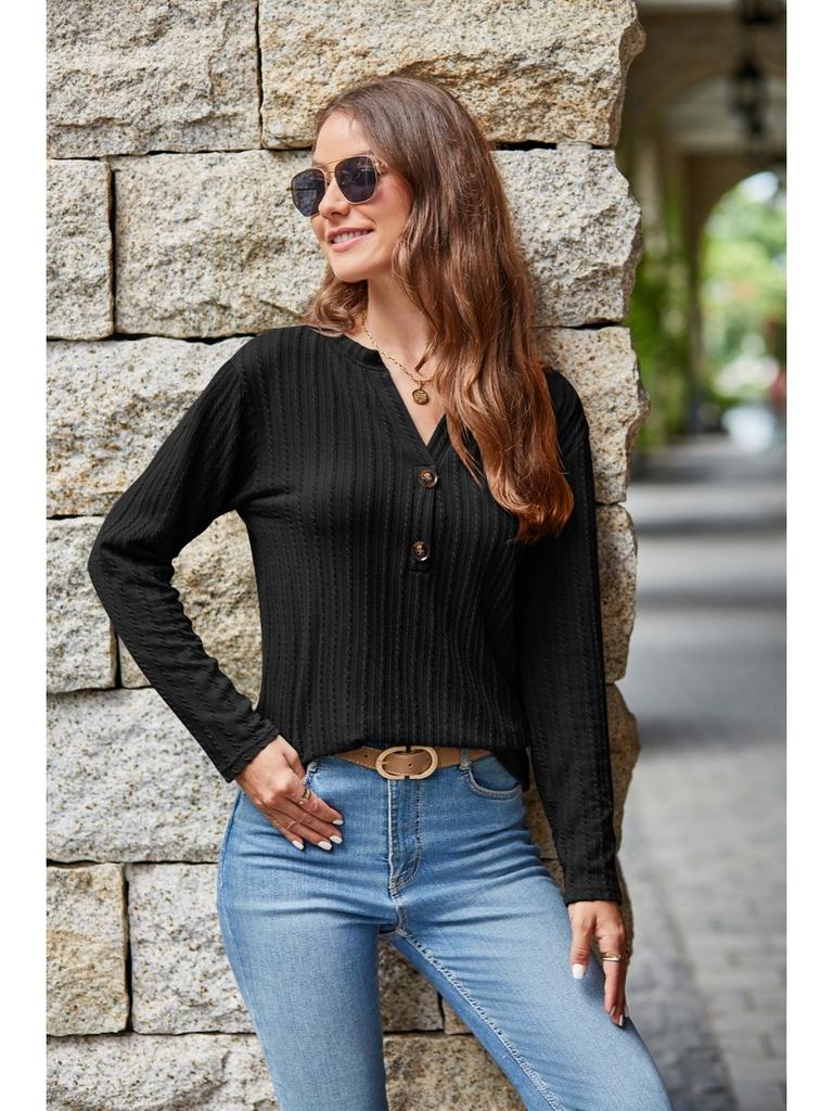 2024 Autumn Winter New Women Long Sleeve T-shirts Ladies Fashion Buttons V-neck Knitted Tee Shirt Female Solid Color Casual Tops