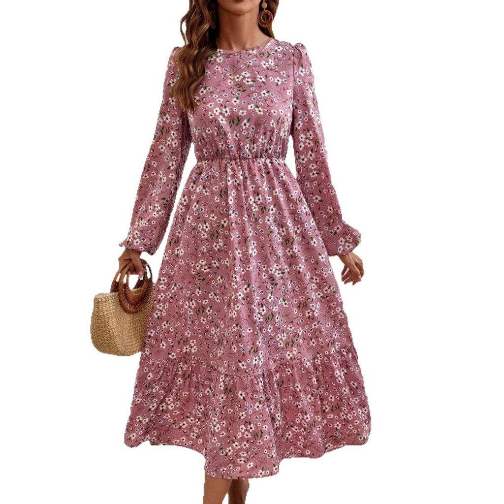 European and American New Milk Silk Autumn and Winter Skirt Women's Long-sleeved Floral Skirt High-waisted Dress