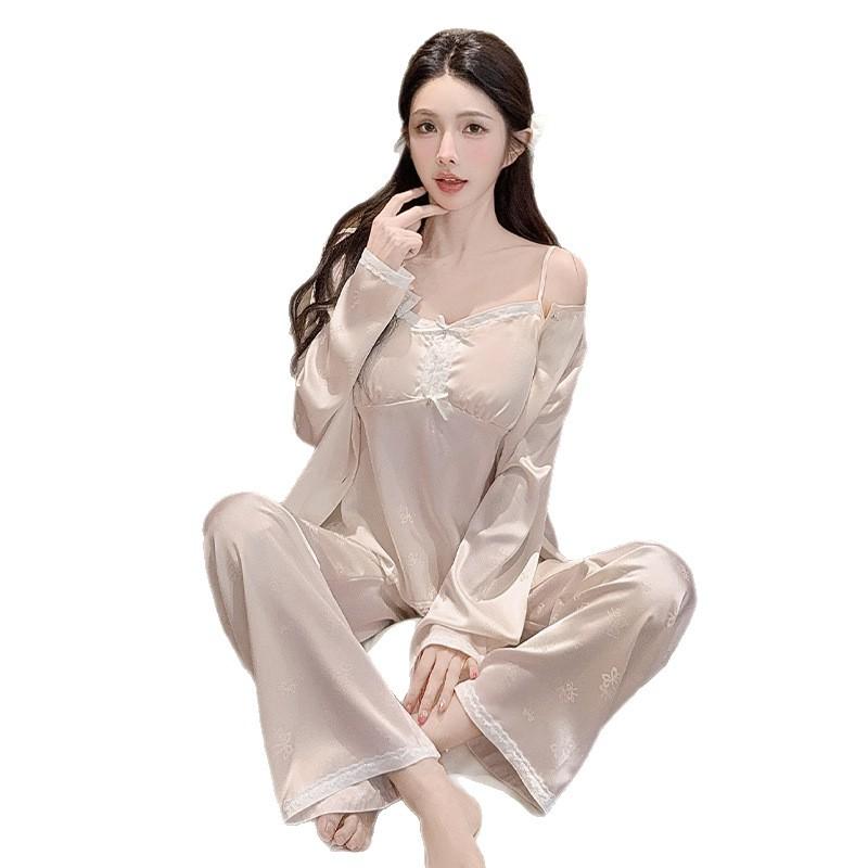 Vernis Spring and Summer Ice and Snow Silk Pajamas Female Sexy Suspenders Lace with Chest Pad Three-piece Set Imitation Silk Loungewear