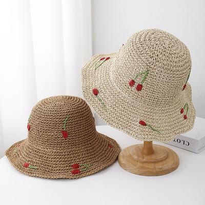 Summer Hats For Women Sun Hat Cherry Decoration Bucket Hat Seaside Holiday Sun Protection Breathable Beach Accessories Foldable