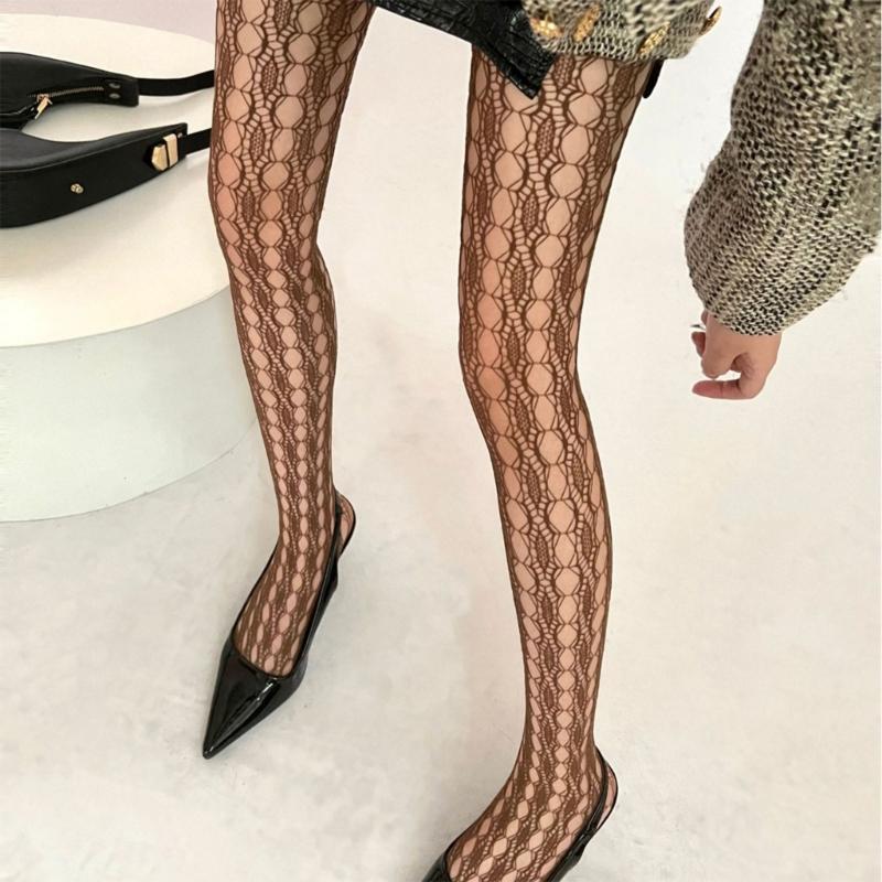Elegant Fishnet Pantyhose High Elasticity Hollowed Textured Lace Tights for Ladies Aesthetic Patterned Mesh Stockings