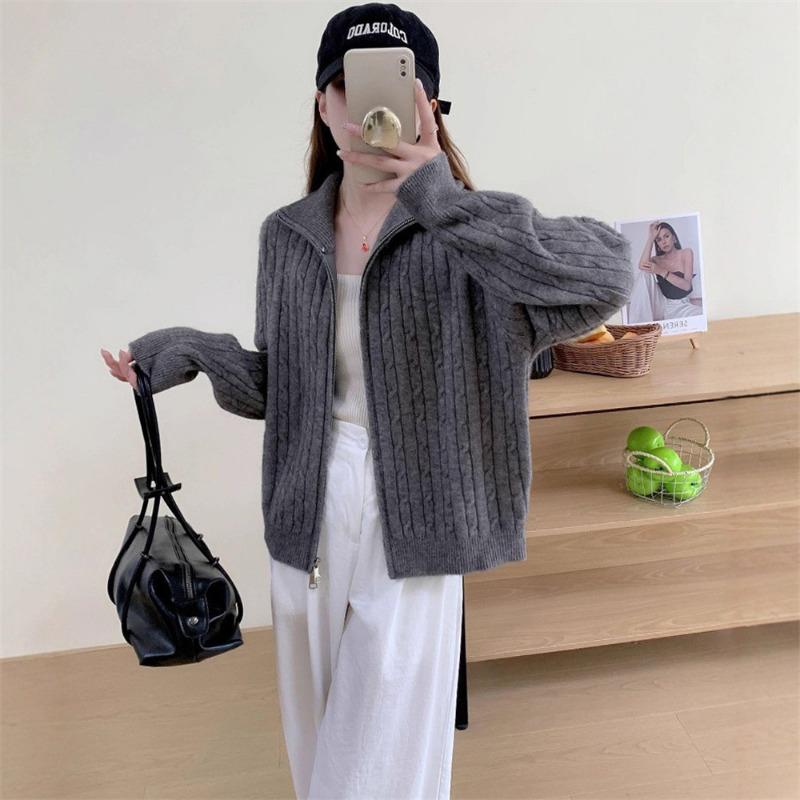 Loose lazy wind age-reducing sweater jacket women's autumn and winter new twist stand-up collar zipper fashion knitted cardigan