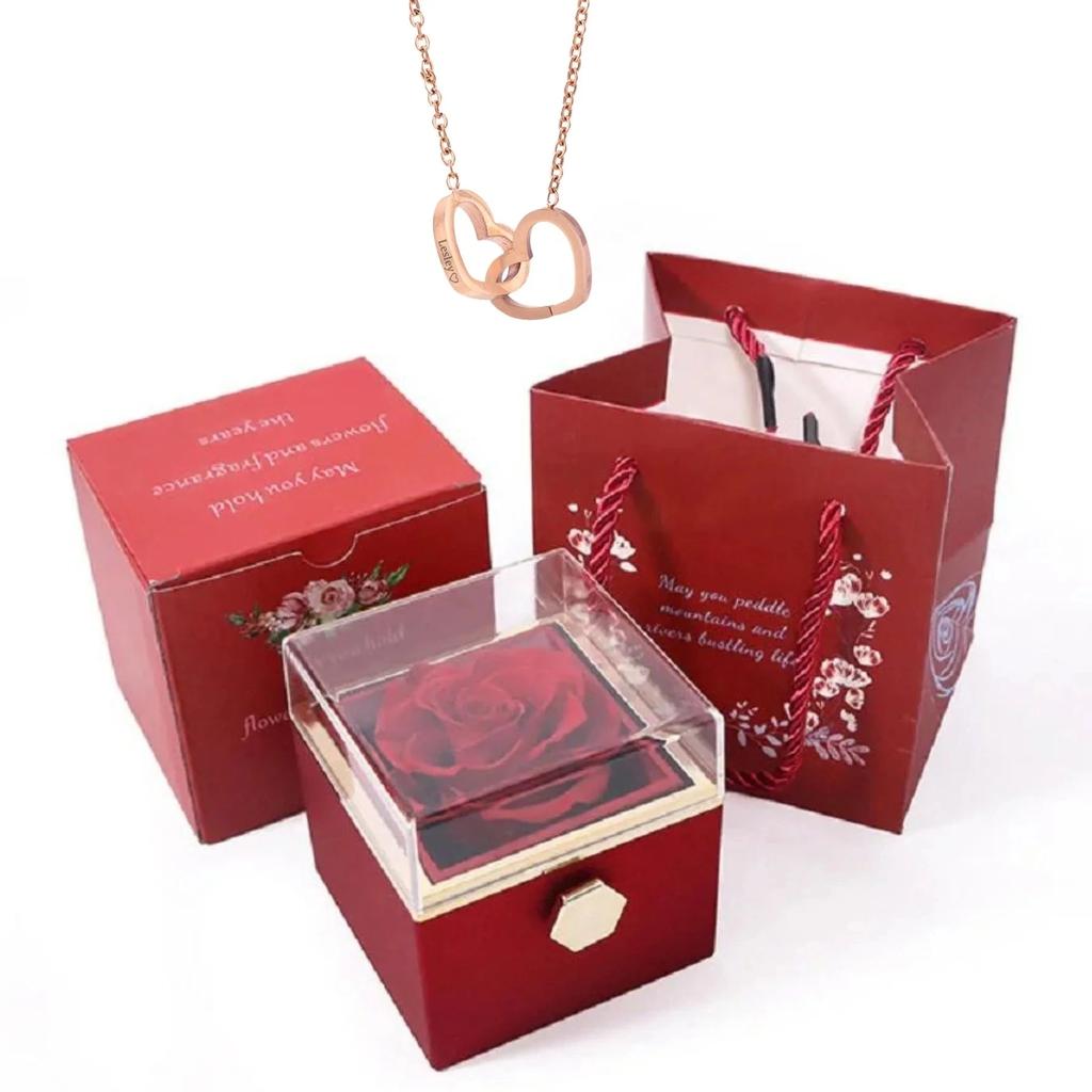 Personalized Couple's Names Heart Necklace Custom Jewelry Rotating Preserved Rose Box For Women Wife Valentine's Day Gift