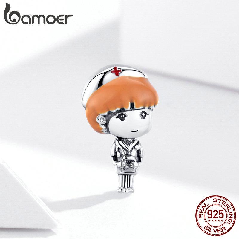 

BAMOER Уникальный дизайн Подвеска S925 Серебро Женский Медсестра Ангел в белых бусинах подходит для браслета Ювелирные изделия 925 silver