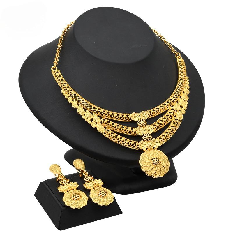 Dubai Bridal 24k Gold Plated Jewelry Set India Middle East Ladies Fashion Necklace Earrings Ring Bracelet Set 2026