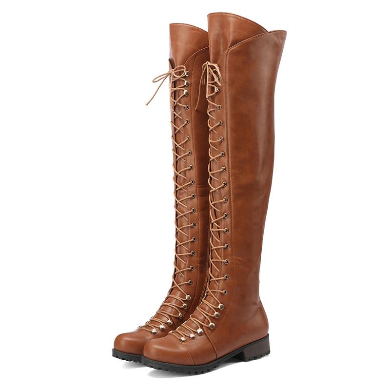 Fashion New Autumn/Winter Cross Tie Square Heel Round Head Over Knee Long Boots Fashion Retro Solid Color Knight Boots