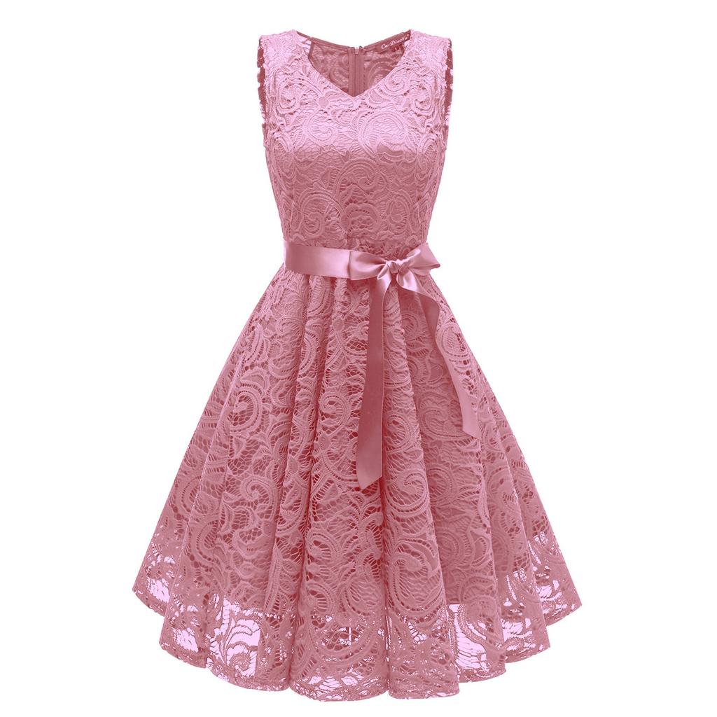 Women Vintage Princess Floral Lace Cocktail V-Neck Party Aline Swing Dress