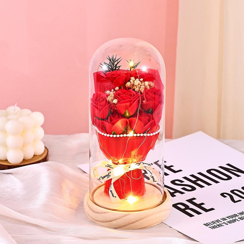 Qixi Festival Valentine's Day Gift Log Base Immortal Rose Glass Cover Creative Soap Flower Gift