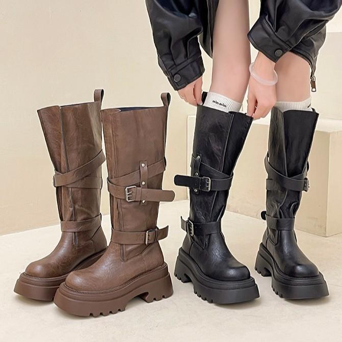 Fashion versatile retro belt buckle locomotive boots autumn design sense women's small leather boots thick-soled heightening knight boots