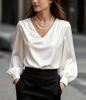 Women's V Neck Long Puff Sleeve Regular Solid Satin Elegant Office Blouse Shirt