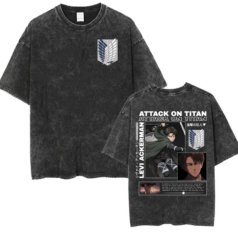 Anime Stylish Attack on Titan Washed T-shirt Levi Ackerman Graphic T Shirts Men Women Vintage Oversized Loose T Shirt Streetwear S разноцветный