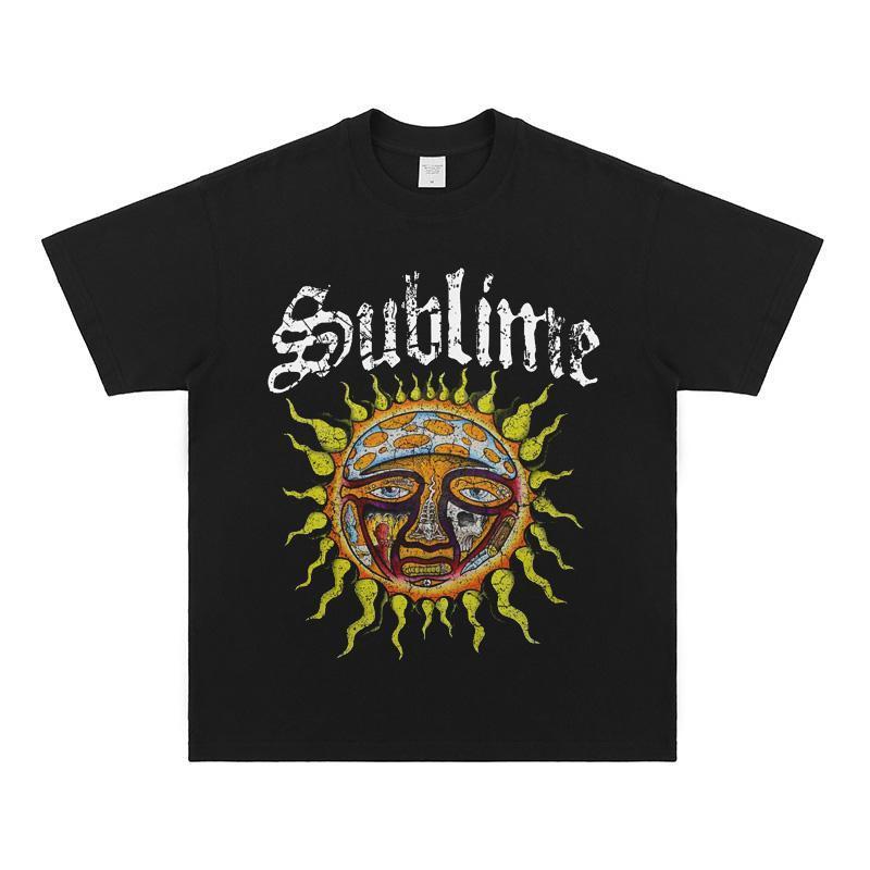 

Punk Band Streetwear Tshirt with Sun Print Oversized and Loose Fit American Style with A Small Collar and Short Sleeves S