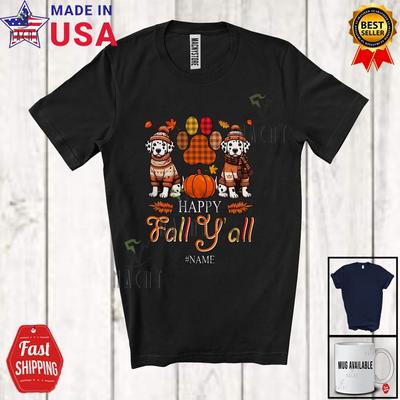 Custom Name Happy Fall Amusing Thanksgiving Plaid Paws Dalmatian Owner T-Shirt