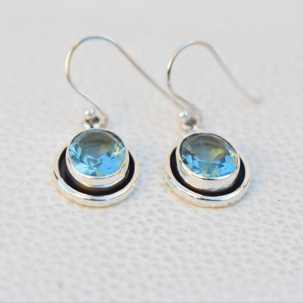 Handmade Oval Blue Topaz Earrings: 925 Sterling Silver Dangle