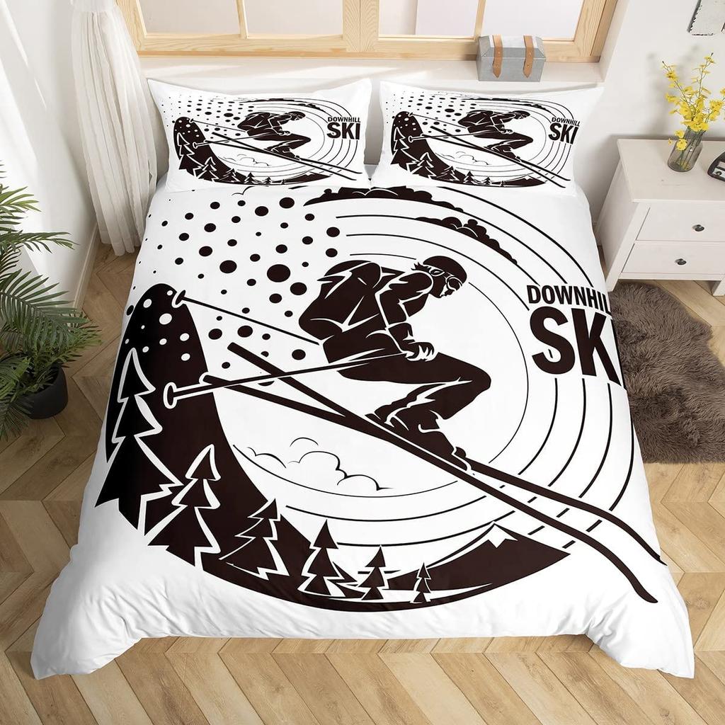 Winter Ski Sports King Queen Duvet Cover Snow Skiing Bedding Set Cartoon High Mountain Landscape 2/3 Pcs Blue White Quilt Cover
