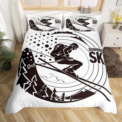 Winter Ski Sports King Queen Duvet Cover Snow Skiing Bedding Set Cartoon High Mountain Landscape 2/3 Pcs Blue White Quilt Cover
