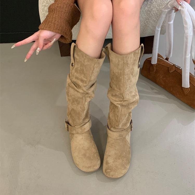 Miting retro inner heightening flat-bottomed western cowboy boots women's 2025 new matte suede low-heeled high boots