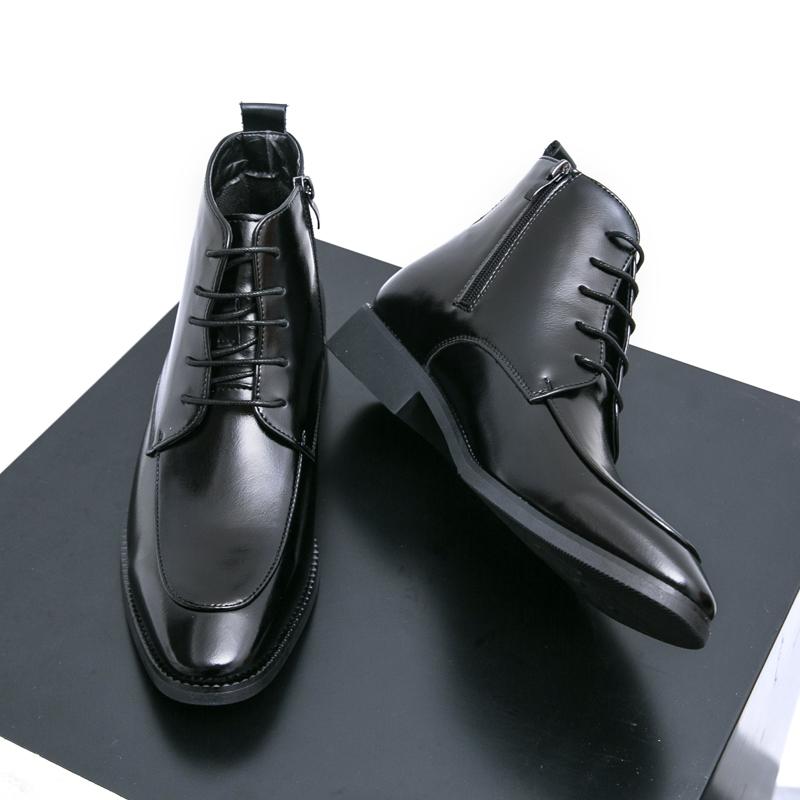 British Style Men's High Cut Workwear Shoes Pointed High-end Glossy Business Dress Shoes Men's Ankle Boots Thick Soled Lace Up