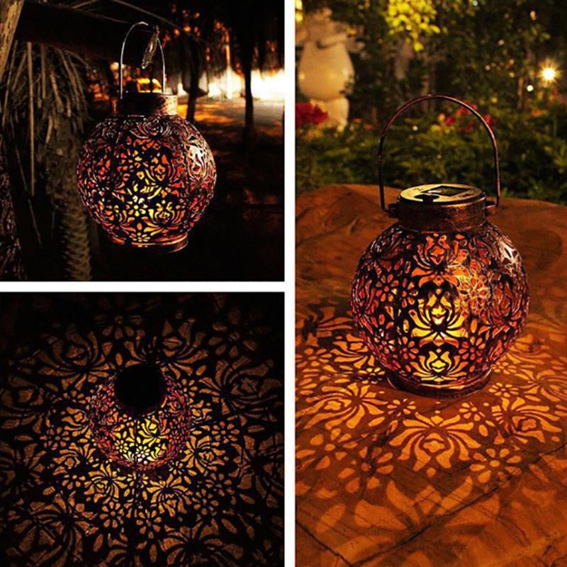 Led Solar Lantern Light Hollow Wrought Iron Projection Light Hanging Lamps Outdoor Waterproof Yard Garden Art Decoration