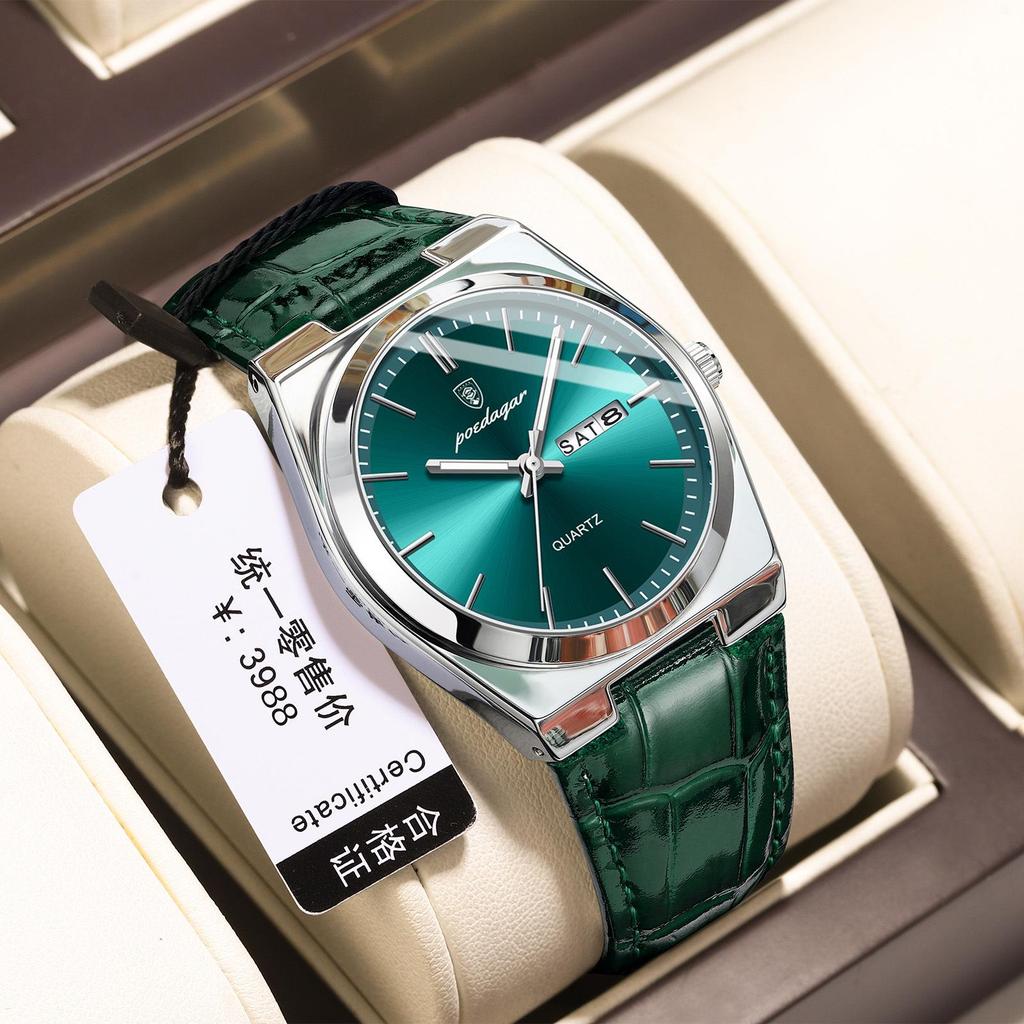 POEDAGAR Men's Ultra-Thin Dual Calendar Quartz Watch with Leather Strap - Trendy Fashion Wristwatch