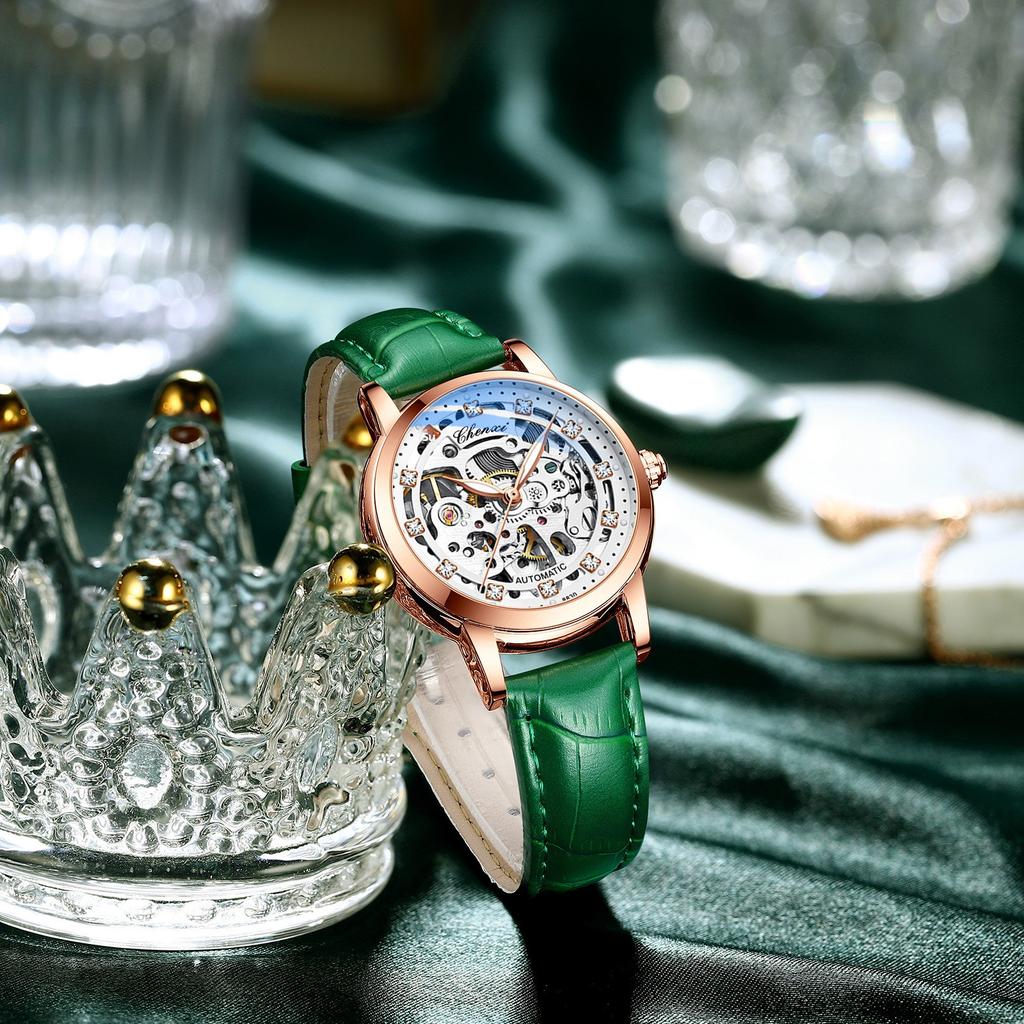 Orologio Meccanico Automatico da Polso da Donna di Lusso con Strass, Design Svuotato, Cinturino in Pelle, Alta Qualità, Moda, Business