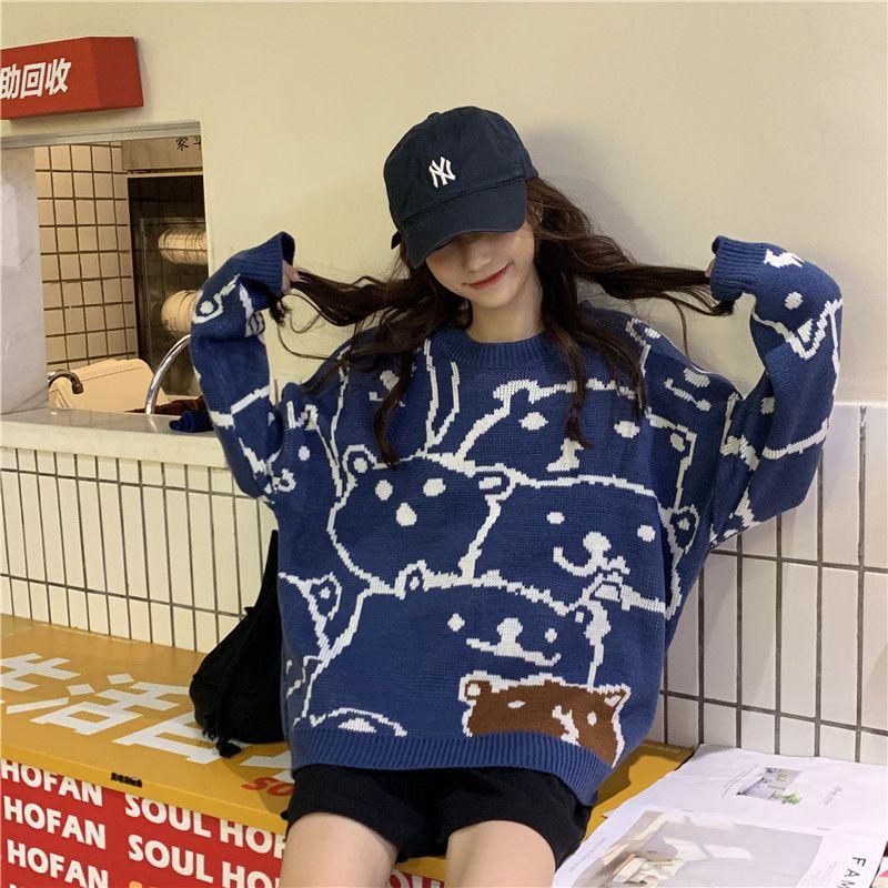 

Осенне-зимний свитер Lazy Wind Bear Sweater для женщин, свободная куртка-пуловер XL синий