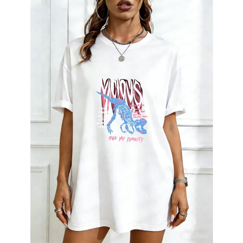 

Oversized T Shirt Black Velocious Dinosaur Graphic With Text See My Ferocity Casual Streetwear For Women XXXXL білий