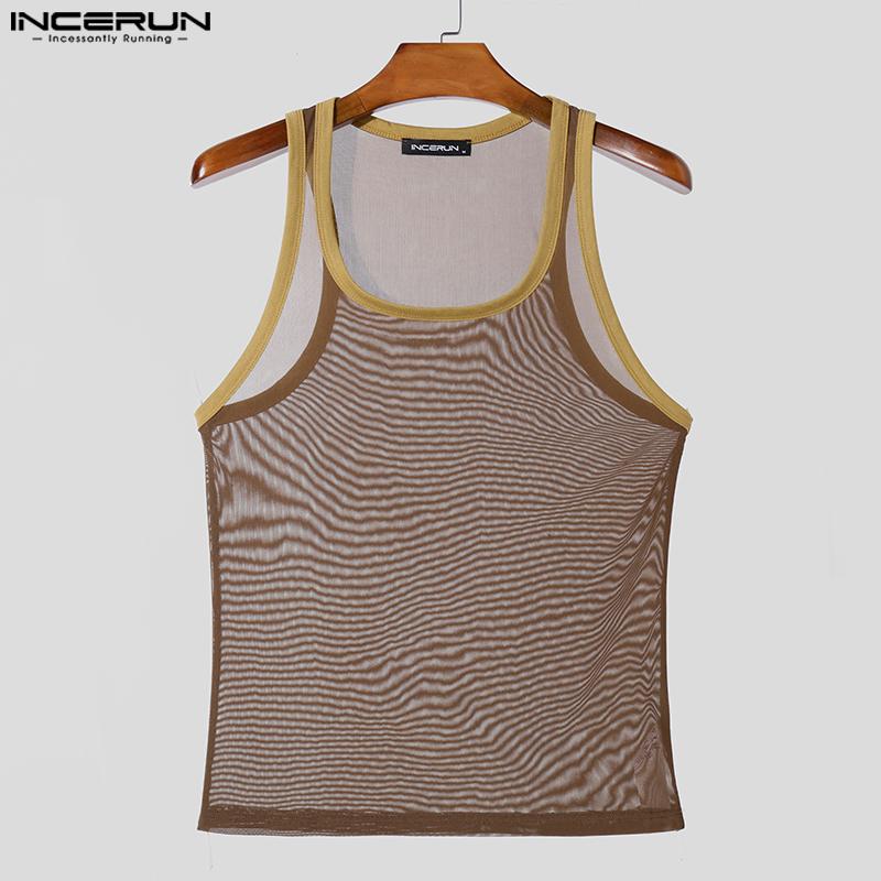 INCERUN Débardeurs à bretelles transparentes pour hommes Hauts transparents en maille patchwork