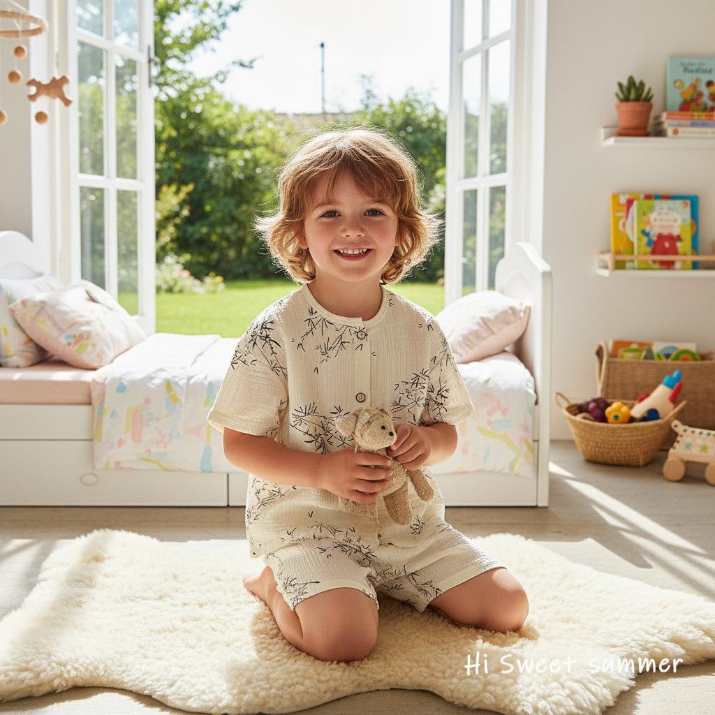 Summer Children'S New Short-Sleeved Loungewear Thin Boys And Girls Cotton Gauze Pajamas Baby Korean Lace Set