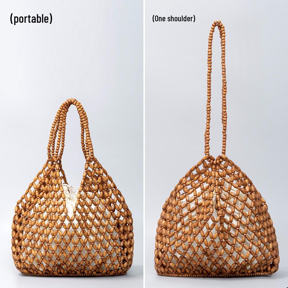Custom Handmade Woven Beach Bag with Wooden Beads - Women's Casual Travel Handheld/Shoulder Bag
