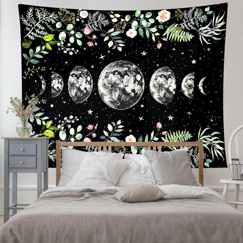 VIKAMA Vintage Floral Moon Phase Tapestry Bohemian Flower Star Moon Wall Blanket for Bedroom Living Room Dormitory Decor