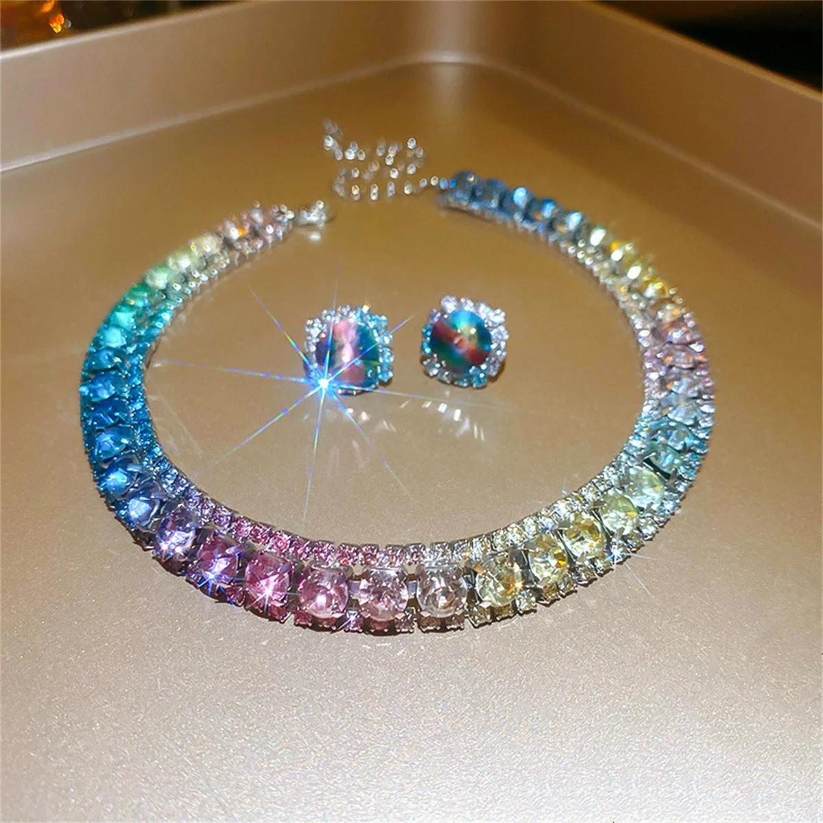 

Роскошный набор из хрустального колье и серег, розовое переливающееся колье для женщин, для свадеб, вечеринок, циркониевые наборы, аксессуары