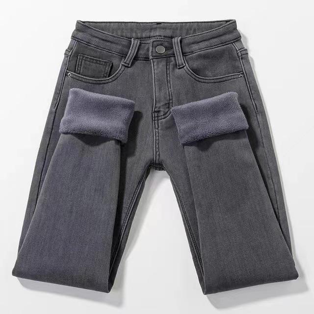 Women's High Waist Slim Fit Gray Cotton Plush Jeans for Autumn/Winter