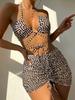1011 new European and American split swimsuit three-piece printed hollow lace-up skirt bikini swimsuit