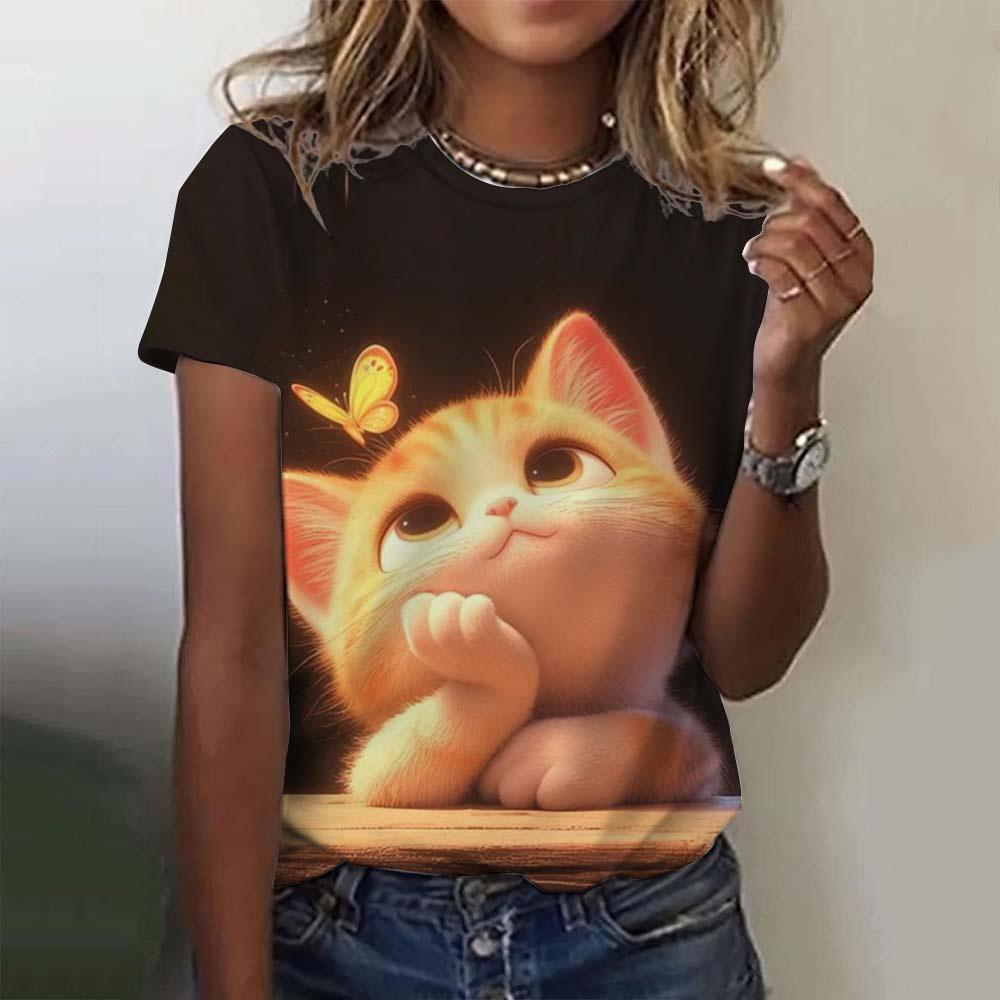 Tricou drăguț cu imprimeu de pisică pentru femei, vară, cu gât rotund, top cu mâneci scurte, ocazional, îmbrăcăminte de dimensiuni mari, Kawaii, animal pentru femei, tricouri