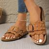 Fashion Buckle Rivet Decor Flat Sandals for Women 2025 Summer Retro Thick Sole Non Slip Slippers Plus Size Comfort Platform Beach Shoes