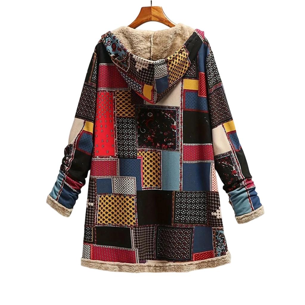 Womens Winter Button Patchwork Fleece Hooded Jacket Coat Long Sleeve Warm Liner Pocket Coat