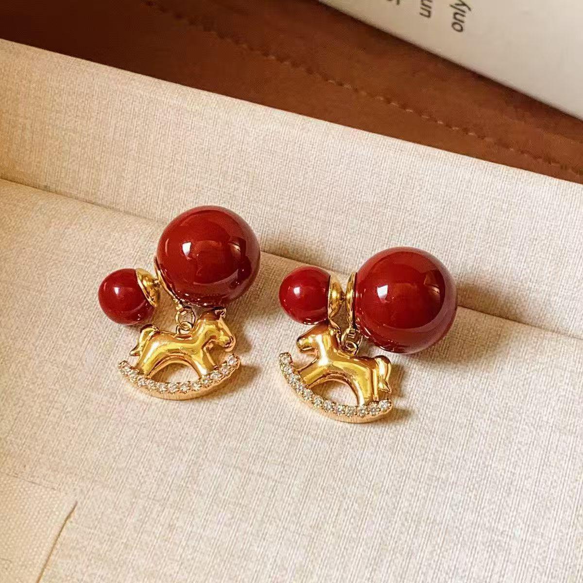 Red Pearl Horse Zodiac Earrings: Luxurious, Versatile, and Stylish Stud Pendants for Women