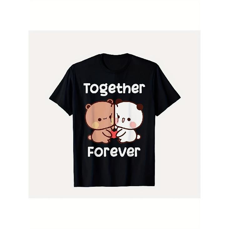 Men s Bubu & Dudu Anime Couples T-Shirt - Cute Bubu & Dudu Graphic with Hearts & Together Forever Text - Soft Black Cotton Shirt for Anime Fans, S чёрный