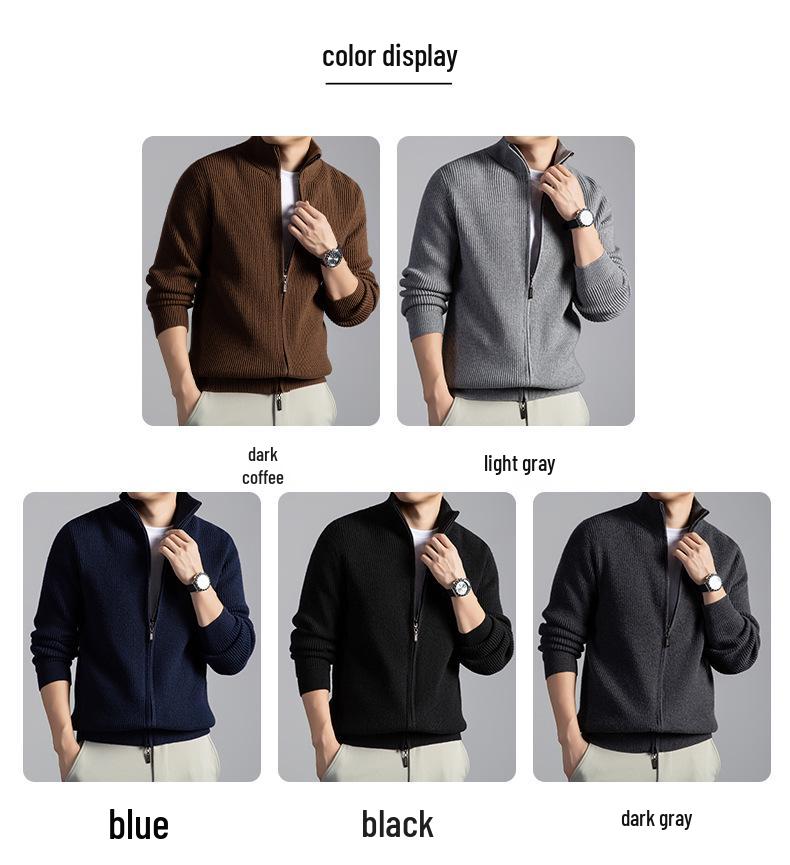 Men's Stand Collar Wool Cardigan Sweater - Casual Zipper Jacket for Autumn/Winter
