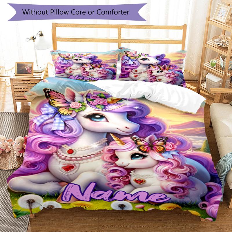 3-teiliges personalisiertes Einhorn-Bettwäscheset mit individuellem Namen, Bettbezug mit Verschluss, enthält 1 Bettbezug & 2 Kissenbezüge, weich und bequem für alle Jahreszeiten.