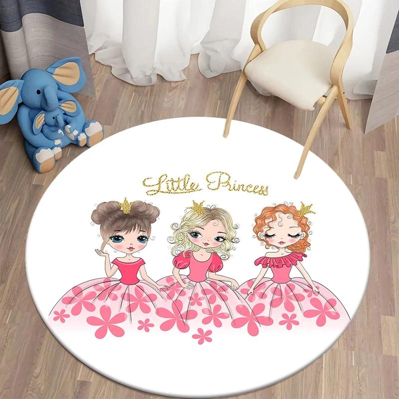 Ballet Dancer Girl Round Carpet Cute Cartoon Animal Fairy Print Area Rug For Bedroom Living Room Decor Non-Slip Play Floor Mat